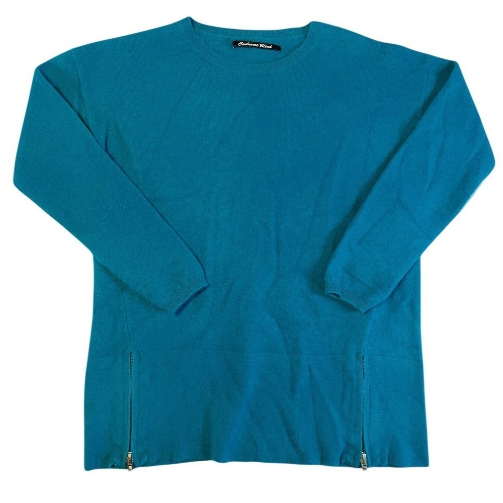 Cashmere Blend Sweater Womens Medium Teal Merino Wool Side Zipper Crewneck Knit